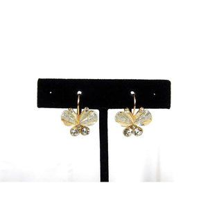 Lever Back Butterfly Earrings Glitter Rhinestones Gold Tone Backing